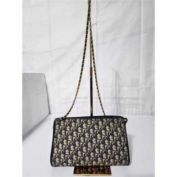 SOLDAuthentic Christian Dior Vintage Trotter Canvas Shoulder Bag Navy Blue/Beige - Picture 3 of 16